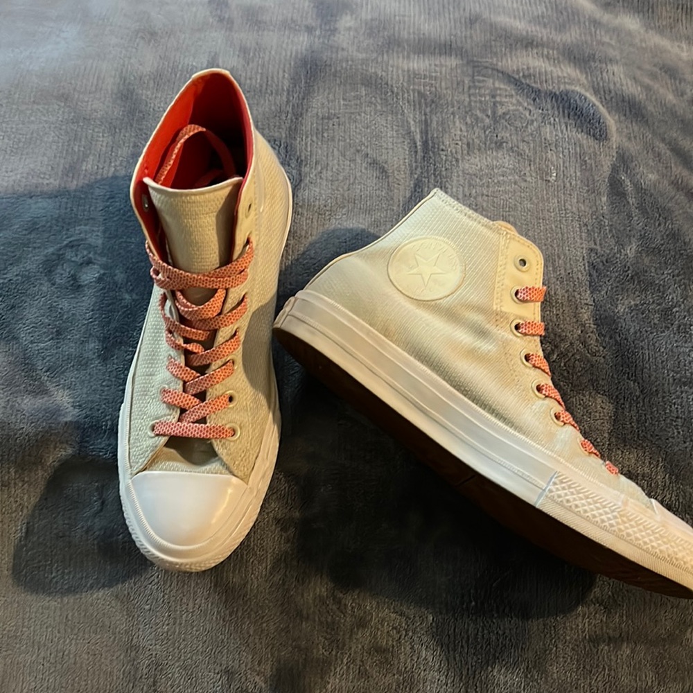 Beige and burnt orange Chuck Taylors